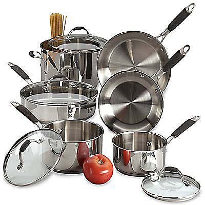 COOKING WITH CALPHALON 10 PC STAINLESS STEEL COOKWARE SET