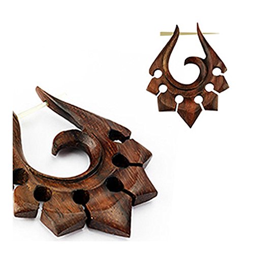 Pair of Organic Hand Carved Sono Wood Tribal Ornament Stirrup Hanger Earring