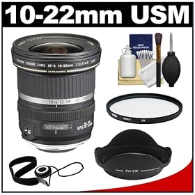 Canon EF-S 10-22mm f/3.5-4.5 USM Ultra Wide Angle Zoom Lens + UV Filter + EW-83E Hood + Accessory Kit for EOS 60D, 7D, Rebel T3, T3i, T4i Digital SLR Cameras