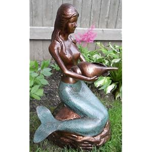 Large Iron Mermaid Statue Holding Seashell