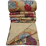 100% Cotton Quilt Floral Pattern Beige Home D&eacute;cor Kantha Reverssible Bedspread Queen Size Stitch Gudri 101" X 91" Inches