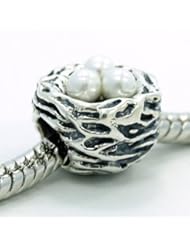 .925 Sterling Silver & " Birds Nest w/ Moon Stones As Eggs " Charm Bead Compatible with Pandora Chamilia Kay Troll Bracelet