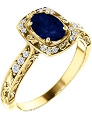 14K Yellow Gold 7.00x5.00mm Oval Cut Chatham Created Sapphire and Diamond Ring -- LIFETIME WARRANTY