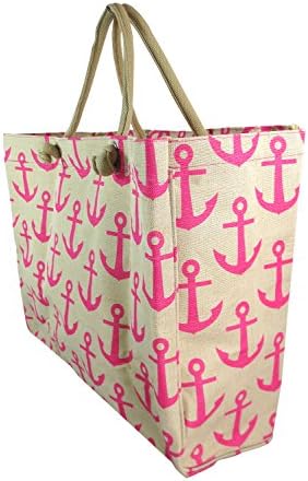 Ahoy Nautical Sail Away Anchor Print Natural Eco Lover Large Carry All Jute Tote Bag (Pink)