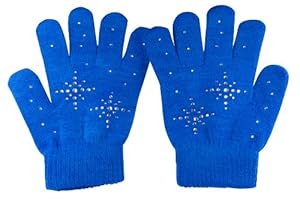 Fashion Every Day Girls Ice Skating Gloves /Magic Stretch Gloves with Clear Rhinestones Snow Flakes (Blue)