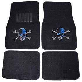Blue Skull w/ Crossbones Front & Rear Gem Crystals Studded Rhinestone Car Truck SUV Floor Mats - Pair