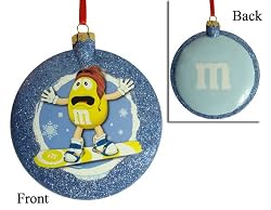3.5" Yellow M&M Snowboarding Glitter Disc Christmas Ornament