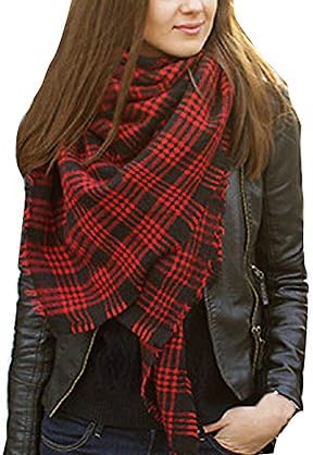 Women's Oversized Winter Warm Plaid Striped Shawl Wrap Scarf with Fringe (Y-Dark Red)