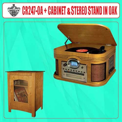 Crosley Composer CD Recorder - CR247-OA + Williamsburg Entertainment Center Cabinet & Stereo Stand in Oak