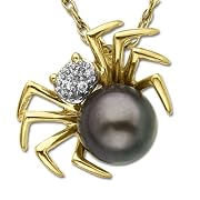 14k Yellow Gold Grey Pearl and Diamond Spider Pendant, 18"