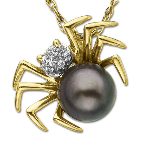 14k Yellow Gold Grey Pearl and Diamond Spider Pendant, 18
