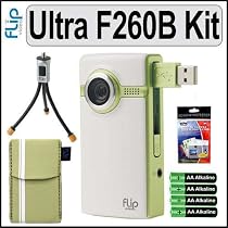 Pure Digital F260G Flip Video Ultra Series 60 Minute Video Camcorder in Green Accessory Bundle With 4 AA Alkaline Batteries, Pure Digital Flip Video Soft Pouch - ASP1G, Pure Digital Flip Video Tripod - atr1b, Vidpro Digital Camera LCD Screen Protectors