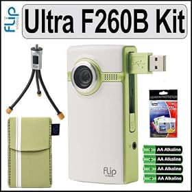 Pure Digital F260G Flip Video Ultra Series 60 Minute Video Camcorder in Green Accessory Bundle With 4 AA Alkaline Batteries, Pure Digital Flip Video Soft Pouch - ASP1G, Pure Digital Flip Video Tripod - atr1b, Vidpro Digital Camera LCD Screen Protectors