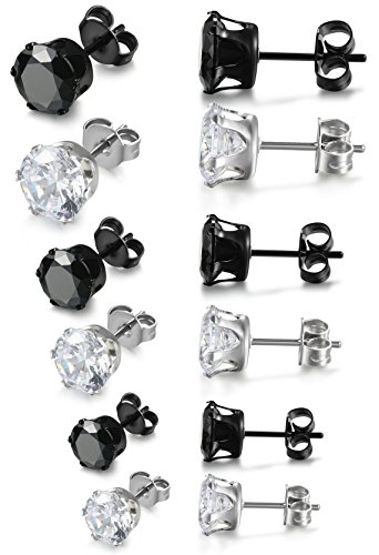 Jstyle Stainless Steel Womens Mens Cubic Zirconia Stud Earrings Pierced 6 Pairs