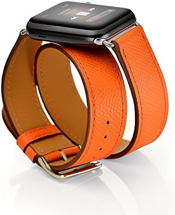 Apple Watch Band, Ronkoen 2016 New Style Double Tour Genuine Leather Watch Band Luxury Cuff Strap Replacement for Apple Watch iWahtch Models 38mm--Orange