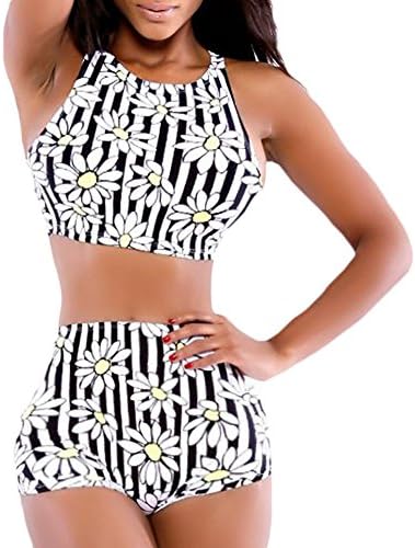 Taihexin Womens Black and White Stripe Flower Floral High Waist Bikini Swimsuit Set L