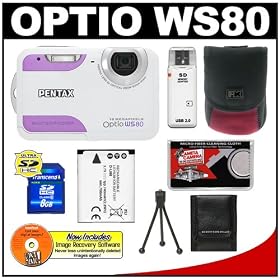 Pentax Optio WS80 Waterproof Digital Camera (White/Purple) + 8GB Card + Spare D-LI88 Battery + Case + Accessory Kit