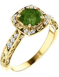18K Yellow Gold 6.00mm Round Cut Green Tourmaline and Diamond Ring -- LIFETIME WARRANTY
