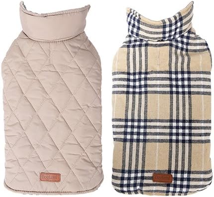 Reversible British Style Grid Dog Jacket,GOPAW,Water Repellent Quilted Winter Clothes for Pet,Beige XL