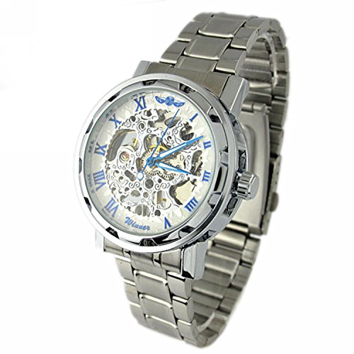 YouYouPifa Skeleton Dial Stainless Steel Strap Hand-Wind Mechanical Men s Watch (White & Blue) YouYouPifa Skeleton Dial Stainless Steel Strap Hand-Wind Mechanical Men s Watch (White & Blue)