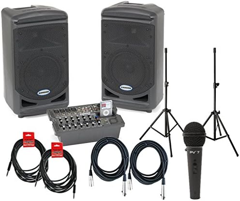 Samson XP308i Portable PA w/Built-In iPOD Dock, LS2 Speaker Stands, (2) XLR Cables (2) Instrument Cables, and Microphone!