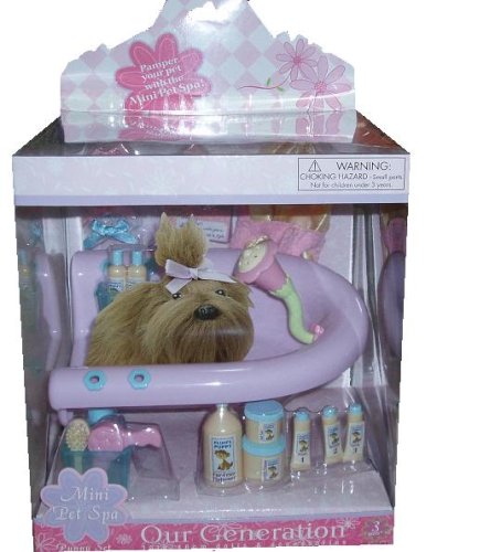 Our Generation Puppy Accessory Set - Mini Pet Spa with Pet Bath Tub and Retractable Showerhead, 3 Bottles, 2 Jars, 2 Plastic Baskets, 3 Gift Certifica
