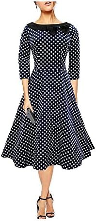 Mori Lady Women's 1950s 3/4 sleeve vintage Polka Dot Bow Collar Swing dress M Dark Blue