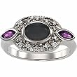 14K White Gold Onyx, Amethyst and Diamond Ring