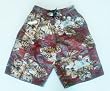 Mens Swim Trunks with Elastic Waist, 2 Side Inseam Pockets, 2 Side Cargo Pockets. Faux Fly Front, Mesh lined. Burgundy/Leaf Print Size s S-XL