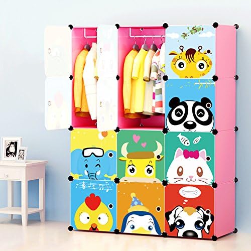 Portable Clothes Closet Wardrobe by Cosyhome-Freestanding Cute Cartoon Storage Organizer with doors for kids , large space and sturdy construction for Children. Pink-12 cube