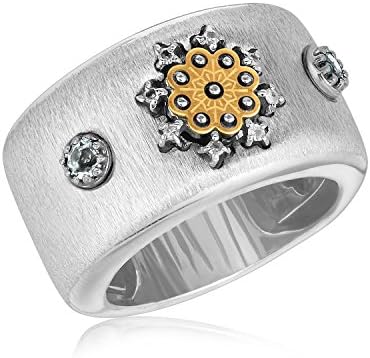 18K Yellow Gold and Sterling Silver Ring with Filigree, Diamonds and Blue Topaz