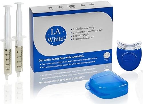 LAwhite® teeth whitening kit with an EU approved non-peroxide formula. Kit contains 2 x 10ml formula syringes, 2 mouthpieces with retainer box, 1 LED light and instruction manual.