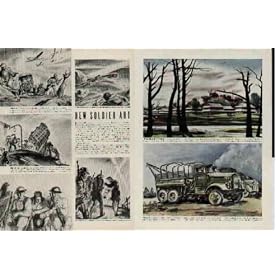New Soldier Art: "Take Cover" by Private Charles Mazoujian, "Depress', "Beach Defense", "Taking A Break", "Night March", "Monmouth on the Shrewsberry" by Bob Majors who worked on "Fantasia for Walt Disney, and "Six by Six" by Private Donald Hinckley, "A Source Of Much Pleasure" by Private Frank Duncan, Jr. , and Sergeant Henry Volle portrayed Colonel John Richmond at his Mess Table ..... 1942 LIFE Magazine Article, A0783 *** THIS IS A COVER ONLY / NOT A MAGAZINE ***