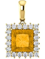 10K Yellow Gold 8.00x8.00mm Princess Cut Citrine and Diamond Pendant -- LIFETIME WARRANTY