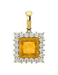 14K Yellow Gold 8.00x8.00mm Princess Cut Citrine and Diamond Pendant -- LIFETIME WARRANTY