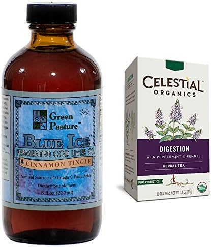 BLUE ICE Fermented Cod Liver Oil (Liquid 237 ml) (Cinnamon Tingle) with BONUS Organic Digestive Tea with Probiotics (20-Pack)