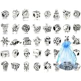 Bundle Monster 40 PC Antique Silver Plated Oxidized Metal Beads Charms Set Mix Lot - Compatible with Pandora Biagi Troll Chamilia Bracelets w/ "BM" Pouch ~ Bundle Monster