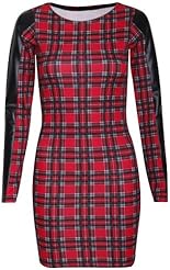Checkered Print Faux-Leather/Polyester Long Sleeves Mini Dress 