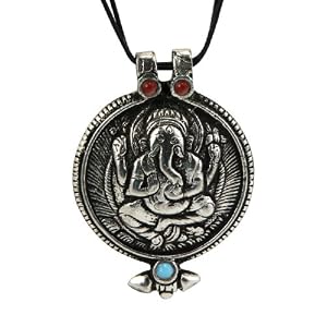 Oxidized Metal Ganesh Pendant with Red/blue Stones