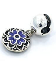 .925 Sterling Silver " Exclusive Purple Flower Dangle Clip Lock Combo " Charm Bead Compatible with Pandora Chamilia Kay Troll Bracelet