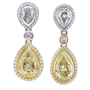 11ct Fancy Yellow Diamond Pear Shape Drop Earrings 18K Tri Color Gold