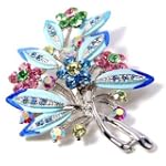 Blue Crystal Brooch Pink Hand Painted Flower