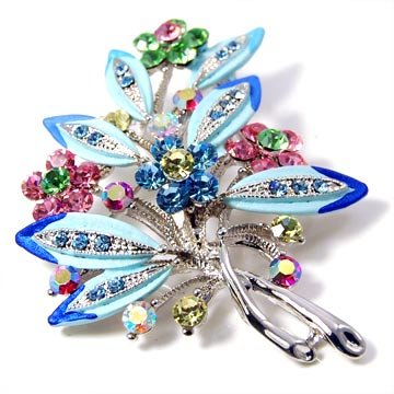 Blue Crystal Brooch Pink Hand Painted Flower