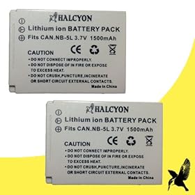 Two Halcyon 1500 mAH Lithium Ion Replacement Battery for Canon PowerShot ELPH SD950 IS 12.1 MP Digital Camera and Canon NB-5L