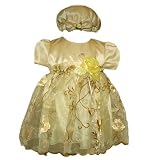 Baby Girl Holiday Dress - Banana Satin with Brown and Gold Embroidery (Size 3M - 24M) NEW