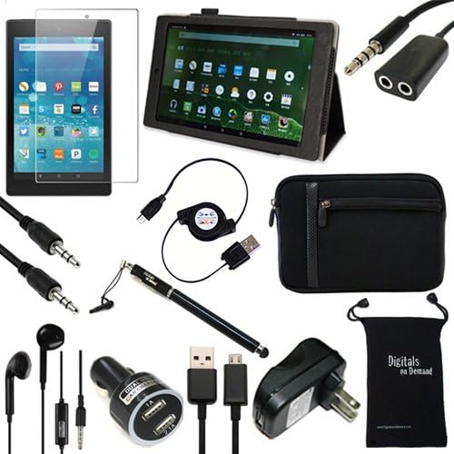 Fire HD 10 2015 Case and Accessories - DigitalsOnDemand ® 12-Item Kit for Amazon Fire HD 10" 5th Generation Tablet - Leather Case, Sleeve Cover, Screen Protector, Stylus Pen, USB Cables + Charger