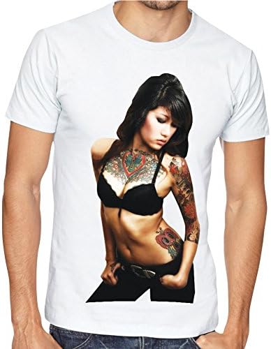 Fusion Clothing UK Men's White Crew Neck T-Shirt 100% Cotton Sexy Asian Girl Tattoos