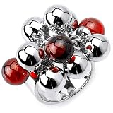 High Fashion Solid Sterling Silver Rhodium Plated Ring with 7 Round Silver Balls and 3 Red Glass Balls Please specify size: 5