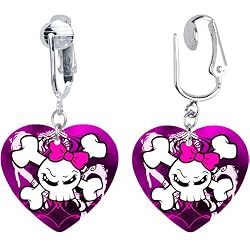 Handcrafted Heart Lady Skull and Crossbones Clip On Earrings