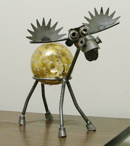 Moose Recycled Scrap Metal Gazing Globe Stand with Gold Leaf Glass Gazing Globe Moose Recycled Scrap Metal Gazing Globe Stand with Gold Leaf Glass Gazing Globe